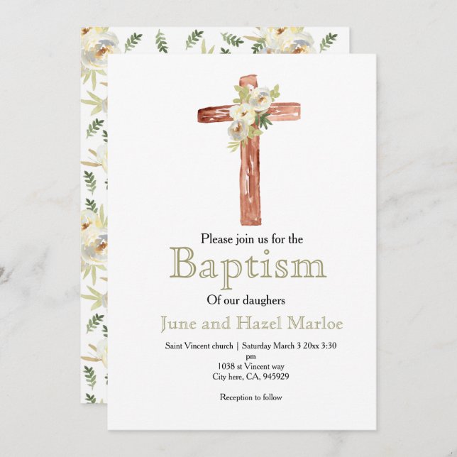 White flower twin sibling baptism invite (Front/Back)