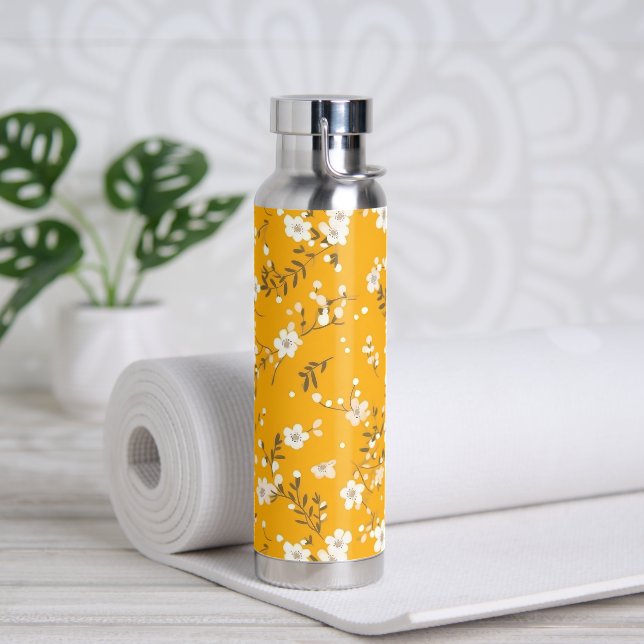 White Flower Vine On Gold Water Bottle (Yoga)