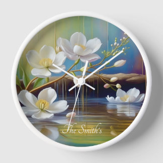 White flower wall clock