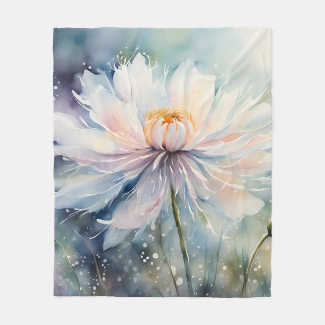 White Flower Watercolor Fleece Blanket (Front)