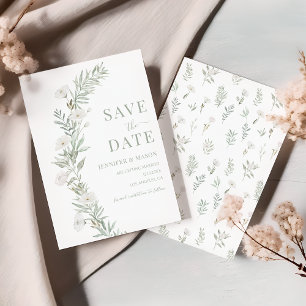 White Flower Wreath Greenery Leaves Save The Date Invitation