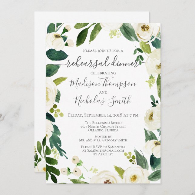 White Flower Wreath Rehearsal Dinner Invitations (Front/Back)