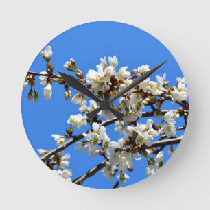 White flowering spring tree white floral blossom round clock
