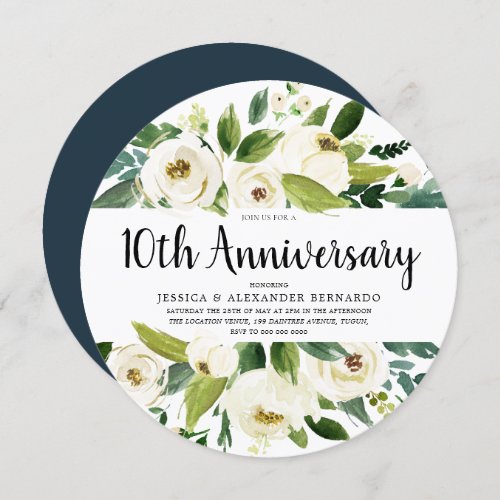White Flowers 10th 15th 20th Wedding Anniversary Invitation