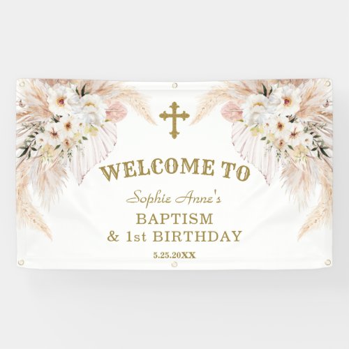 White Flowers 1st Birthday Baptism Welcome Sign
