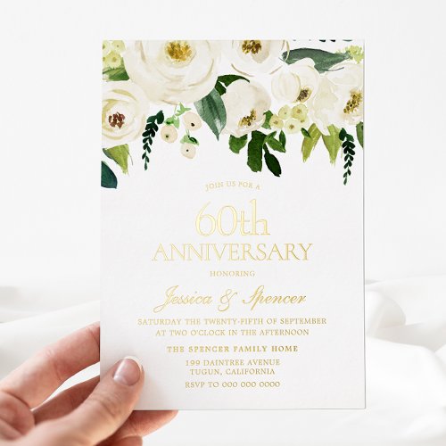 White Flowers 60th Wedding Anniversary Golden Foil Invitation