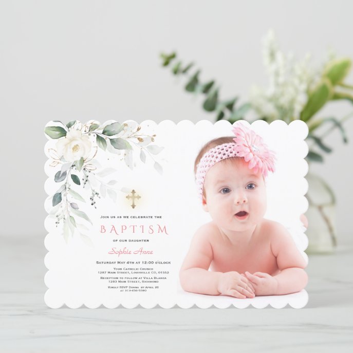 White Flowers Airy Leaves Photo Girl Gold Baptism Invitation