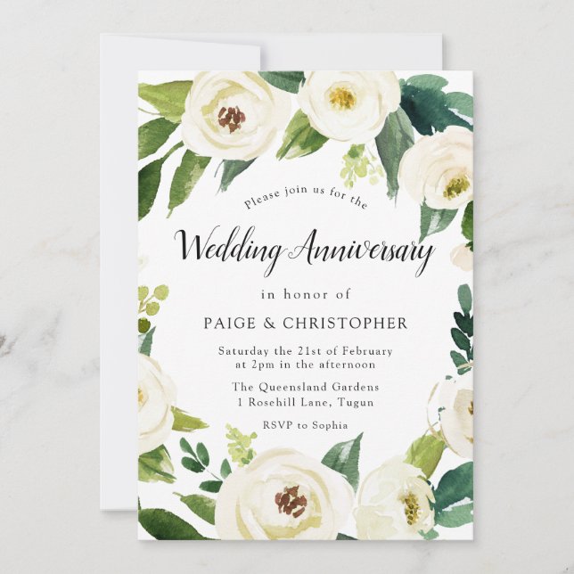 White Flowers All Years Wedding Anniversary Invitation (Front)