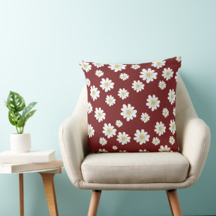 White Flowers and burgundy background Throw Pillow