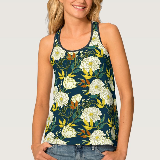 White flowers and colorful leaves pattern tank top (Front)