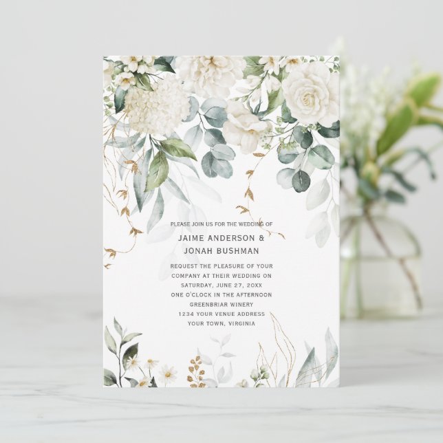 White Flowers and Eucalyptus Wedding Invitation (Standing Front)