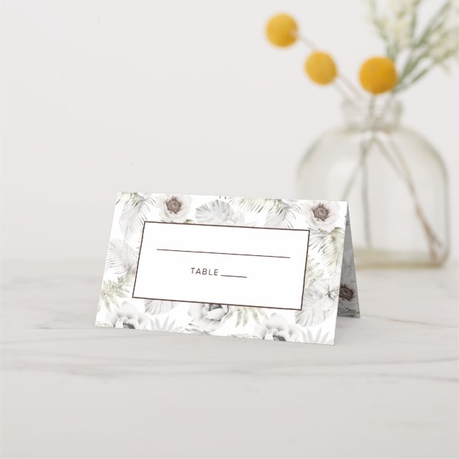 White Flowers and Feathers  Place Card (Front)