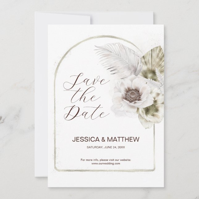 White Flowers and Feathers  Save The Date (Front)
