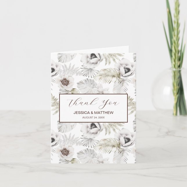 White Flowers and Feathers  Thank You Card (Front)