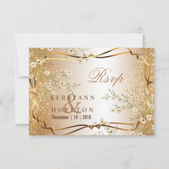 White Flowers and Gold Glitter - RSVP Card (Front)