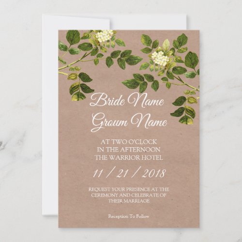 white flowers and green leaves wedding card