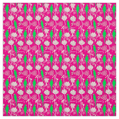 WHITE FLOWERS AND GREEN PARROTS ON PINK FABRIC