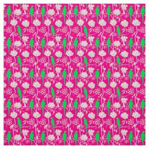 WHITE FLOWERS AND GREEN PARROTS ON PINK FABRIC