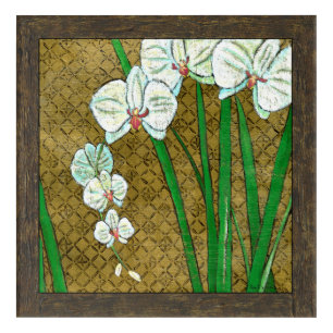White Flowers and Green Stems on Brown Border Acrylic Print