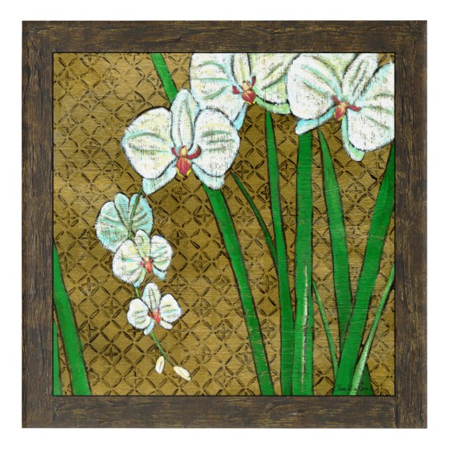 White Flowers and Green Stems on Brown Border Acrylic Print (Front)