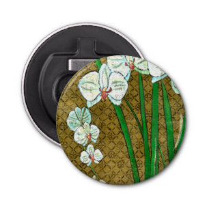 White Flowers and Green Stems on Brown Border Bottle Opener