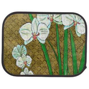 White Flowers and Green Stems on Brown Border Car Floor Mat