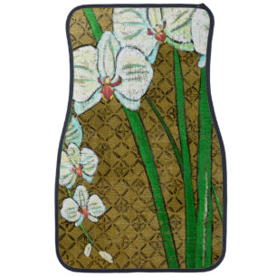 White Flowers and Green Stems on Brown Border Car Floor Mat