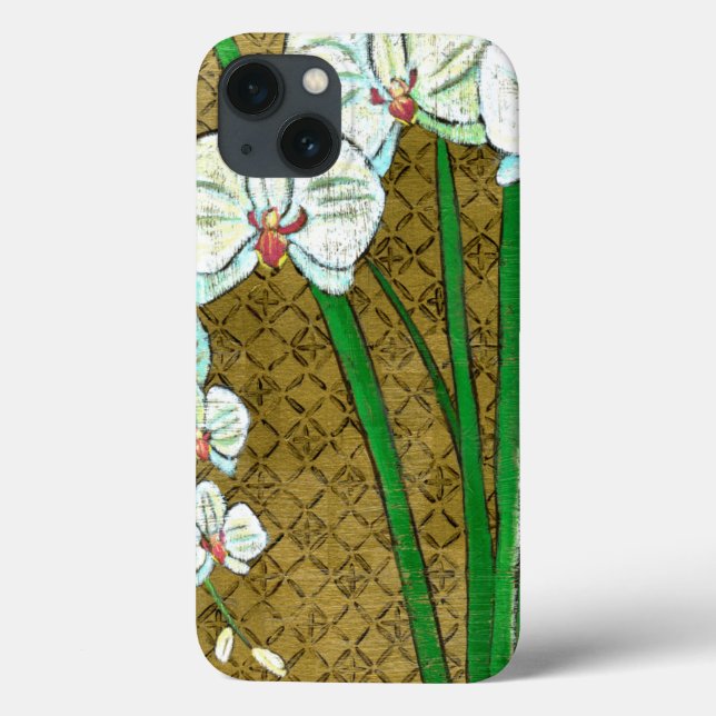 White Flowers and Green Stems on Brown Border Case-Mate iPhone Case (Back)