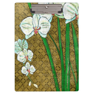 White Flowers and Green Stems on Brown Border Clipboard