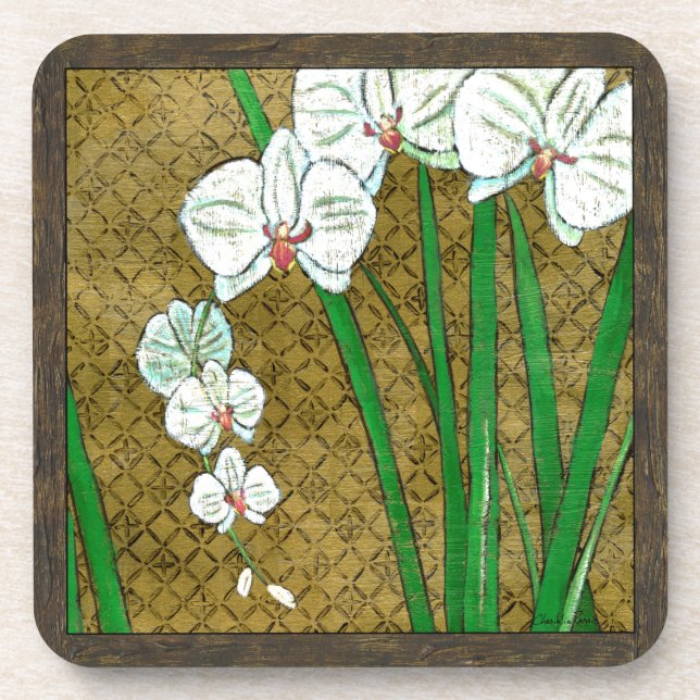 White Flowers and Green Stems on Brown Border Drink Coaster (Front)