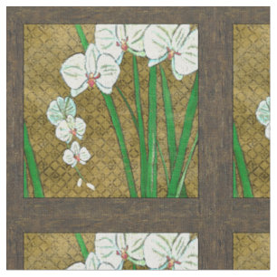 White Flowers and Green Stems on Brown Border Fabric