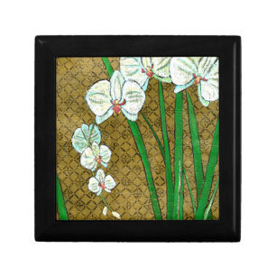White Flowers and Green Stems on Brown Border Gift Box