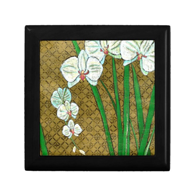 White Flowers and Green Stems on Brown Border Gift Box (Front)