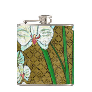 White Flowers and Green Stems on Brown Border Hip Flask