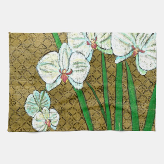 White Flowers and Green Stems on Brown Border Kitchen Towel (Horizontal)