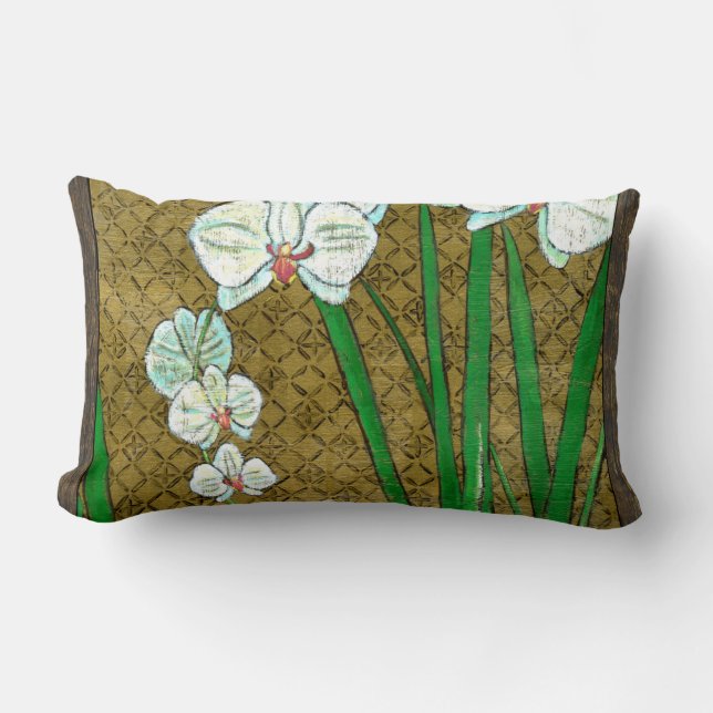 White Flowers and Green Stems on Brown Border Lumbar Pillow (Front)