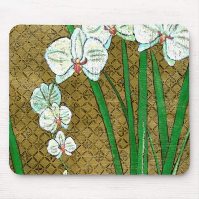 White Flowers and Green Stems on Brown Border Mouse Pad (Front)