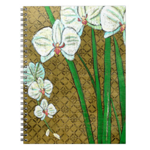 White Flowers and Green Stems on Brown Border Notebook