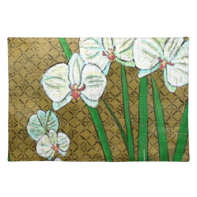 White Flowers and Green Stems on Brown Border Placemat (Front)