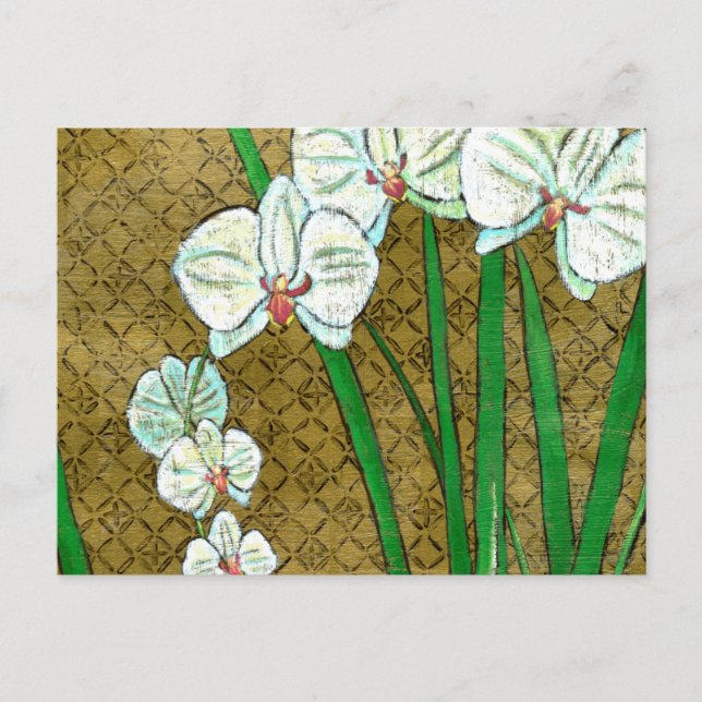 White Flowers and Green Stems on Brown Border Postcard (Front)