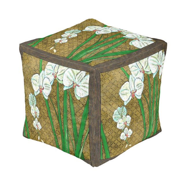 White Flowers and Green Stems on Brown Border Pouf (Angled Front)