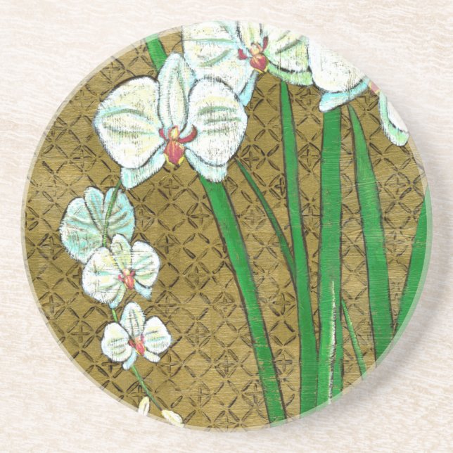 White Flowers and Green Stems on Brown Border Sandstone Coaster (Front)