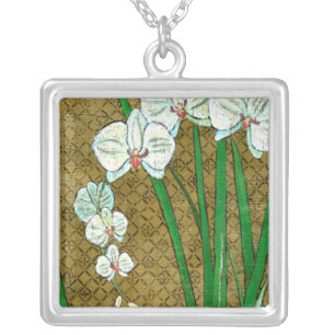 White Flowers and Green Stems on Brown Border Silver Plated Necklace