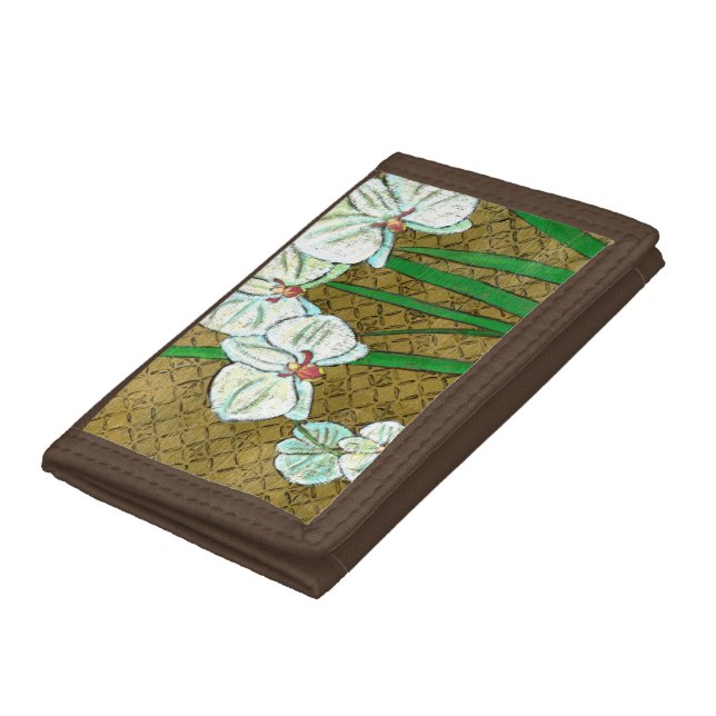 White Flowers and Green Stems on Brown Border Tri-fold Wallet (Bottom)