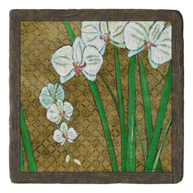 White Flowers and Green Stems on Brown Border Trivet (Front)