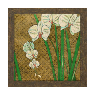 White Flowers and Green Stems on Brown Border Wood Wall Art