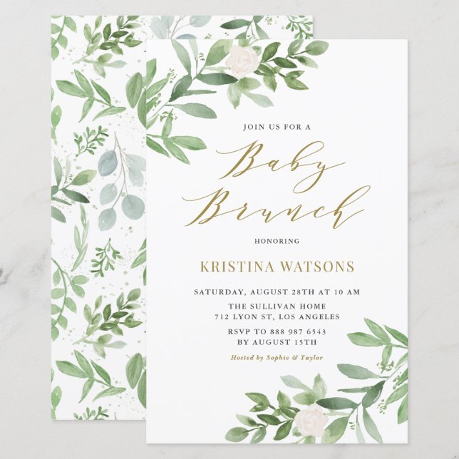White Flowers and Greenery Baby Brunch Invitation (Front/Back)