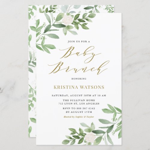 White Flowers and Greenery Baby Brunch Invitation