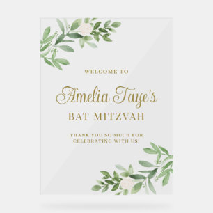 White Flowers and Greenery Bat Mitzvah Welcome Acrylic Sign