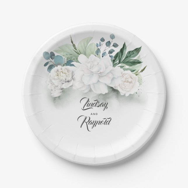 White Flowers and Greenery Bouquet Elegant Paper Plates (Front)